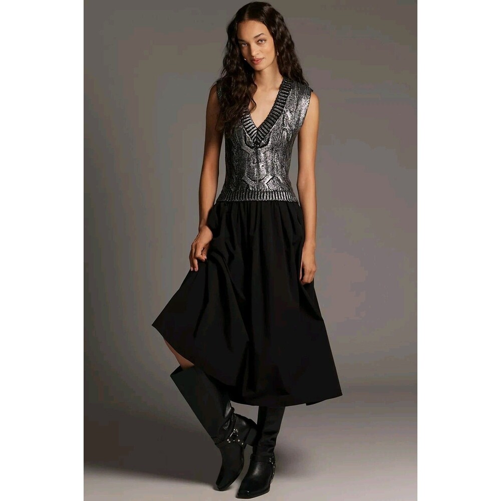Pilcro Anthropologie Sleeveless V Neck Foil Twofer Midi Dress XL Black Silver...